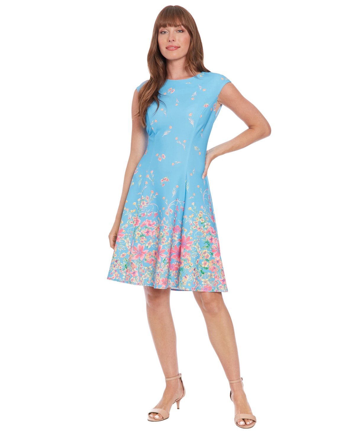 Women's Scattered Floral-Print Fit & Flare Dress - Blue/Pink