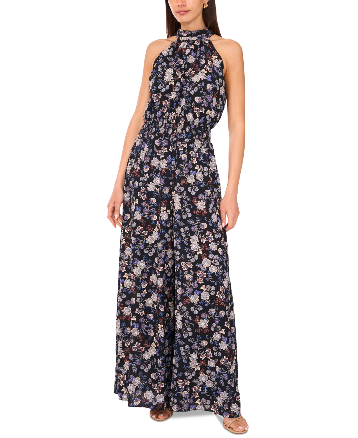 Vince Camuto Women's Smocked-waist Wide-leg Halter Tie-back Jumpsuit In Blue
