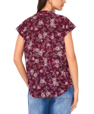 Vince Camuto Women's Floral-Print Split-Neck Short-Sleeve