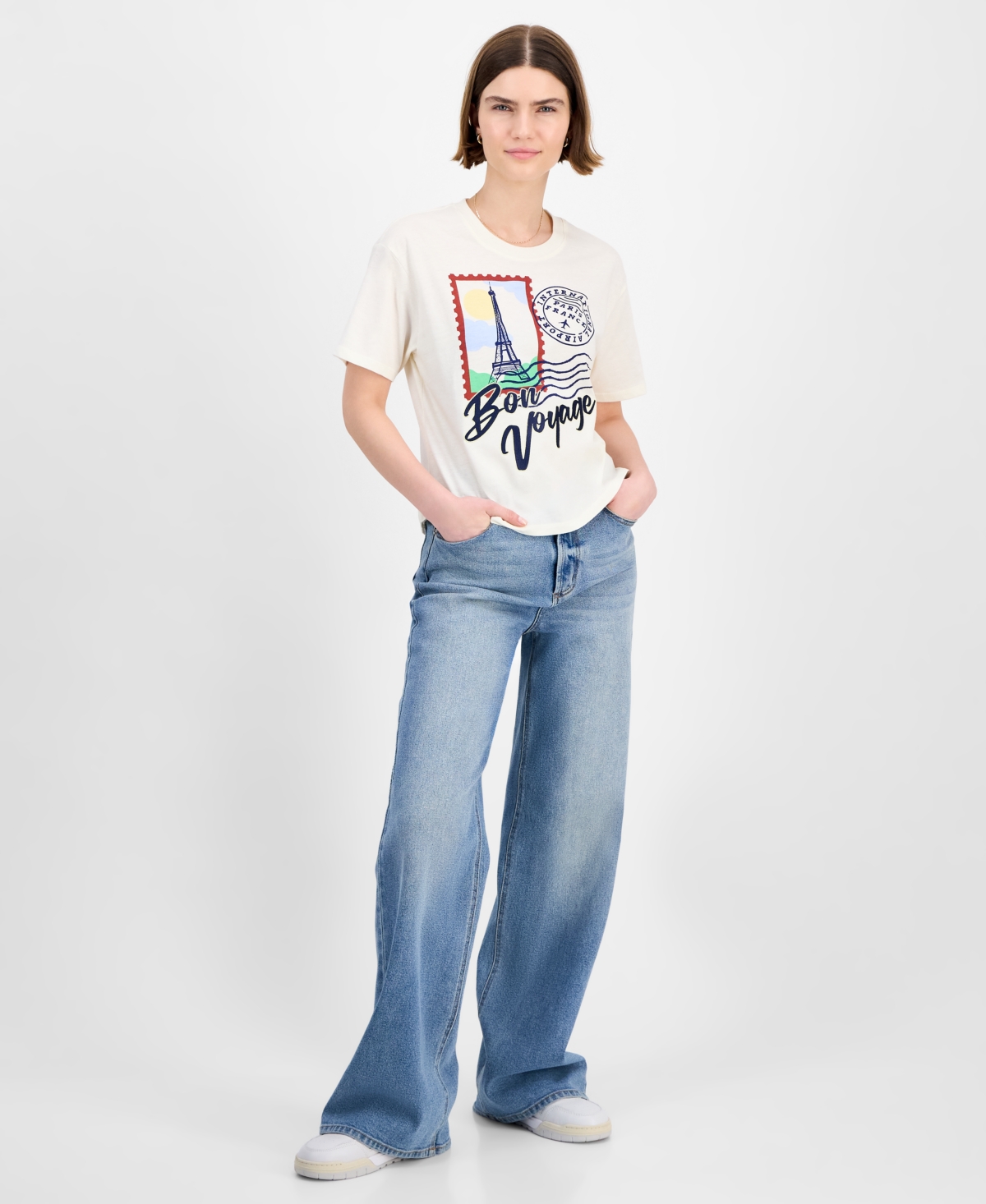 Rebellious One Juniors' Cropped Bon Voyage T-shirt In White