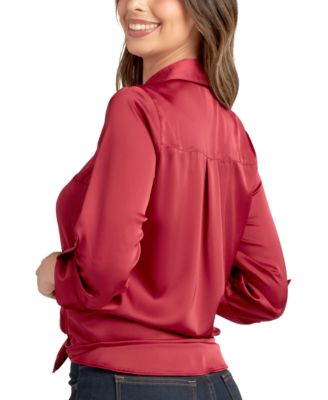 Juniors' 3/4-Sleeve Tie-Front Satin Top