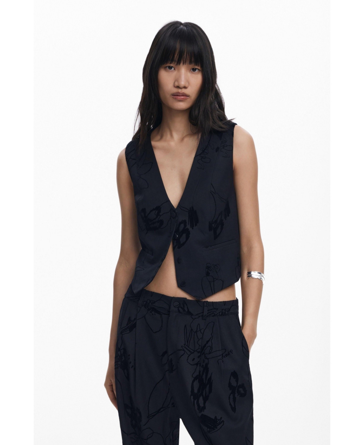 Desigual Pleated Wide Leg Pants In Black