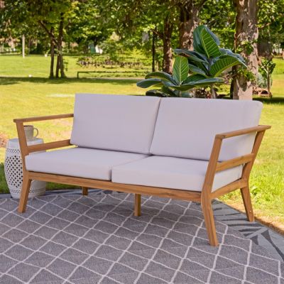 Bodie Acacia Wood Outdoor Patio Loveseat with Bone White Cushions - 62" W