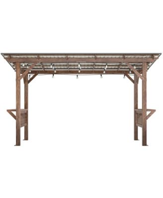 13x6.5FT Wooden BBQ Pergola – Metal Roof Grill Gazebo with Bar Counters & Lights