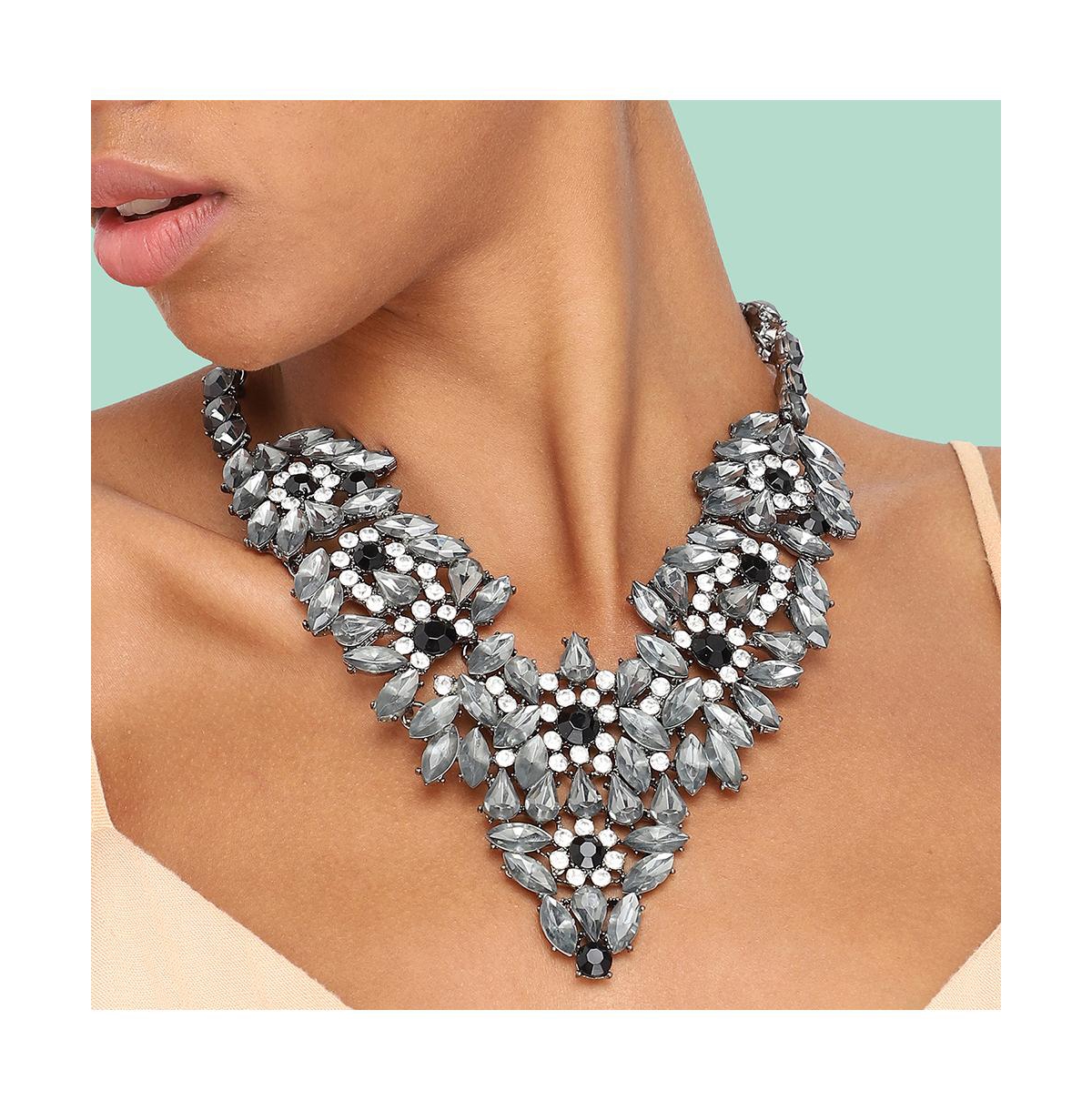 Sohi Women's Black Foliage Crystal Statement Necklace In Silver