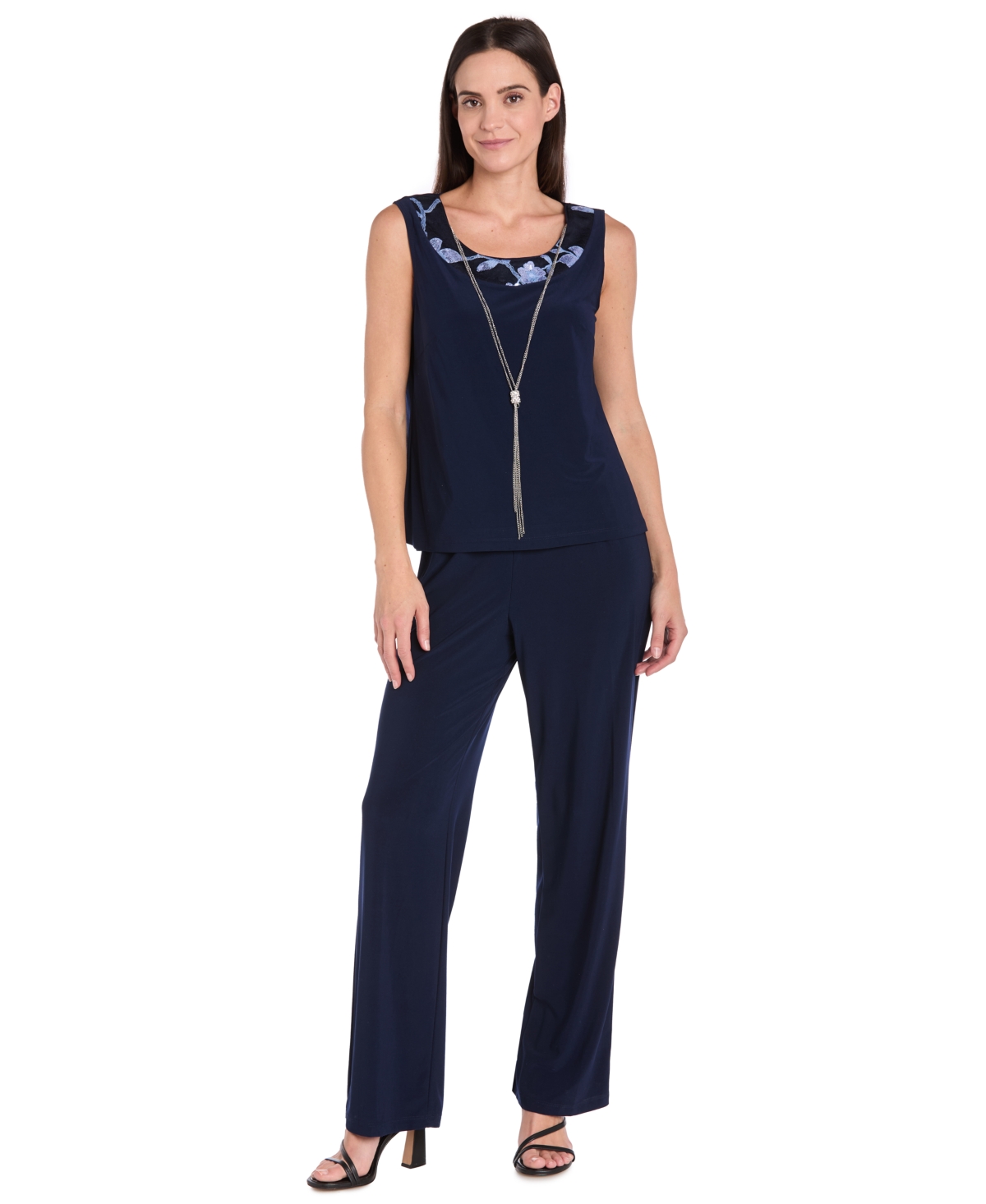 R & M Richards Petite Floral Jacket, Tank Top & Pants Set In Blue