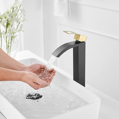 Waterfall Single Hole Single Handle Bathroom Vessel Sink Faucet With Pop Up Drain Without Overflow In Matte Black & Gold
