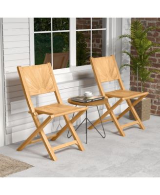 2 PCS Folding Patio Chairs w/ Inclined Backrest Teak Wood Outdoor Dining Chairs