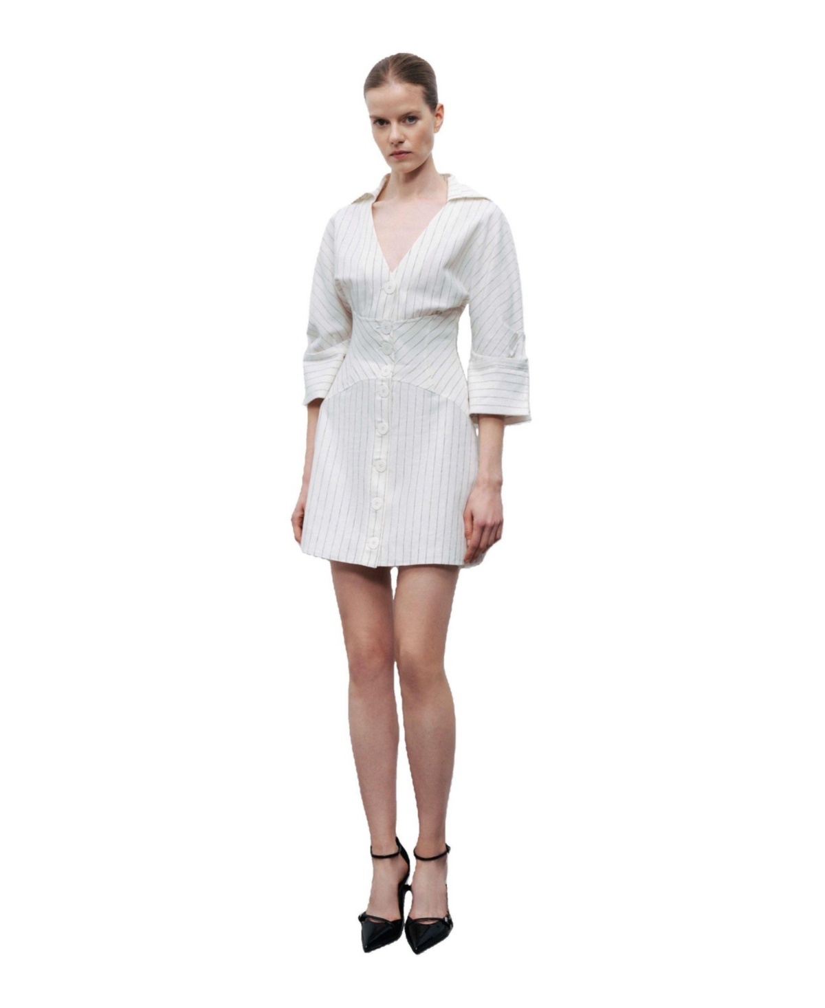 Women's Corset-Inspired Linen Blend Striped Shirt Dress - Open white
