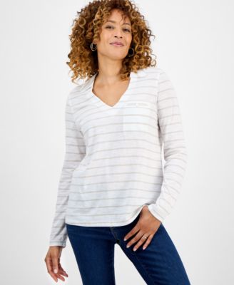 Style & Co - Women's Collared V-Neck Striped Top