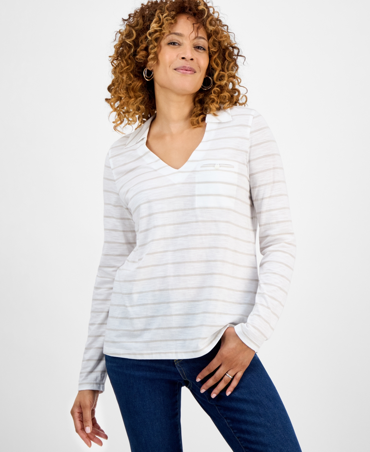Women's Striped Collared V-Neck Knit Top, Exclusively at Macy's - White Neutral Stripe