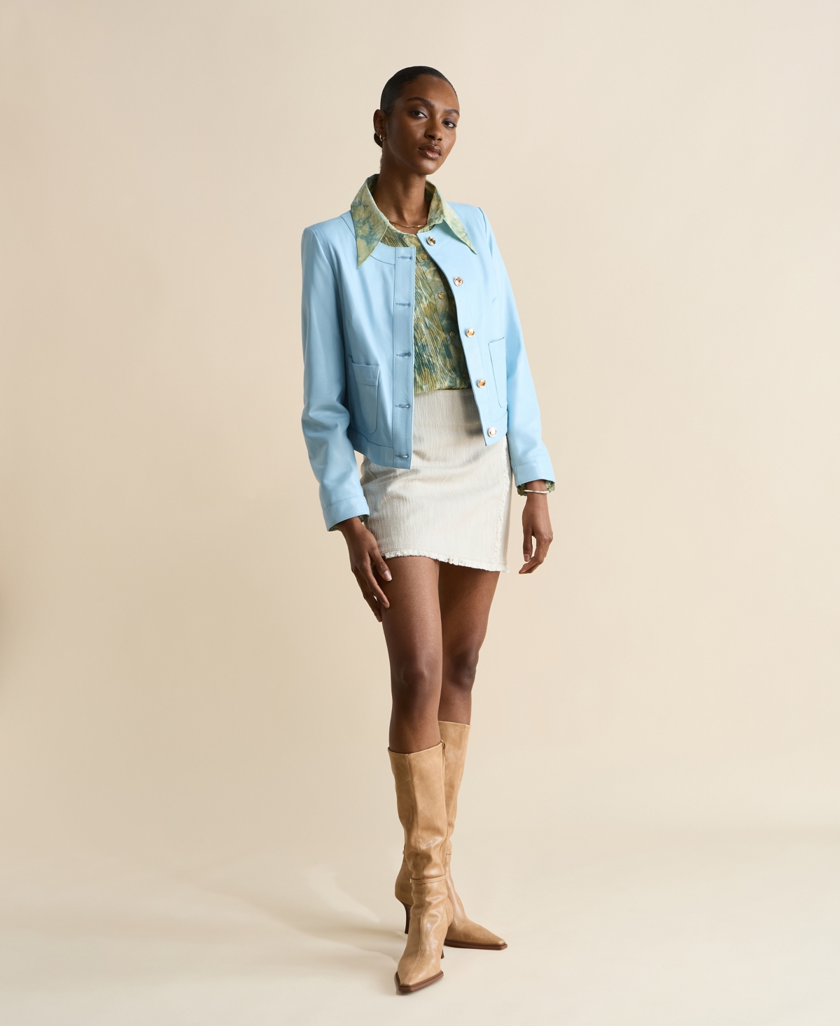 Women's Cropped Leather Jacket With Gold Buttons, Created for Macy's - Light blue