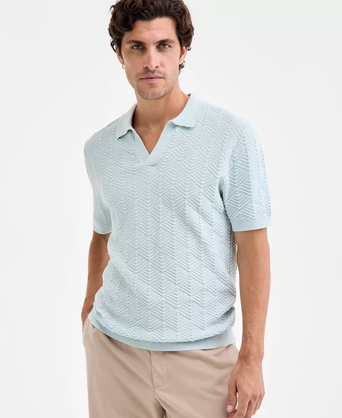 Men's Johnny-Collar Ribbed Geo Polo Shirt