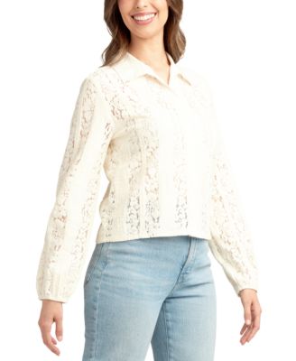 Juniors' Textured Lace Button-Front Shirt