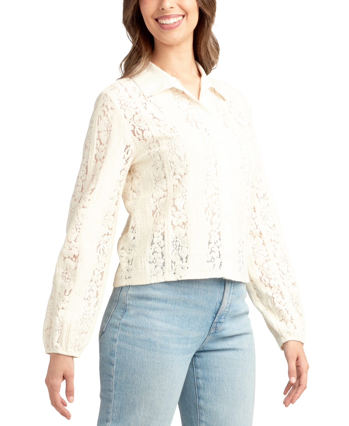 Bcx Juniors' Textured Lace Button-front Shirt In White