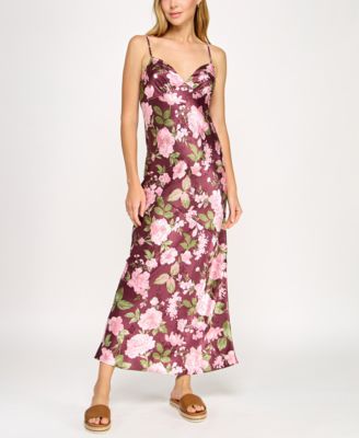 BEAUTY & GRACE/K&K CLOTHING LLC - Juniors' Floral Printed Satin Maxi Dress