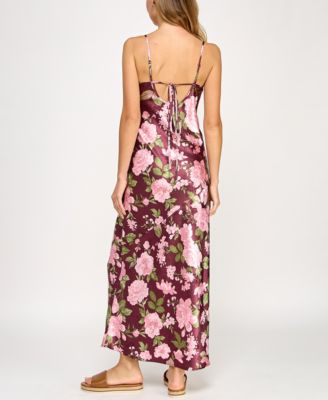 Juniors' Floral Printed Satin Maxi Dress