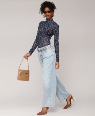 Women's Printed Mesh Mock Neck Ruched Top