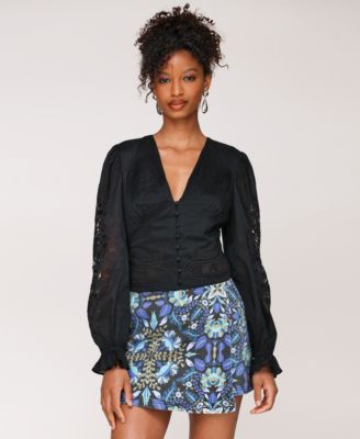 Avec Les Filles - Women's Cotton Pintuck Lace-Trim Button-Front Blouse