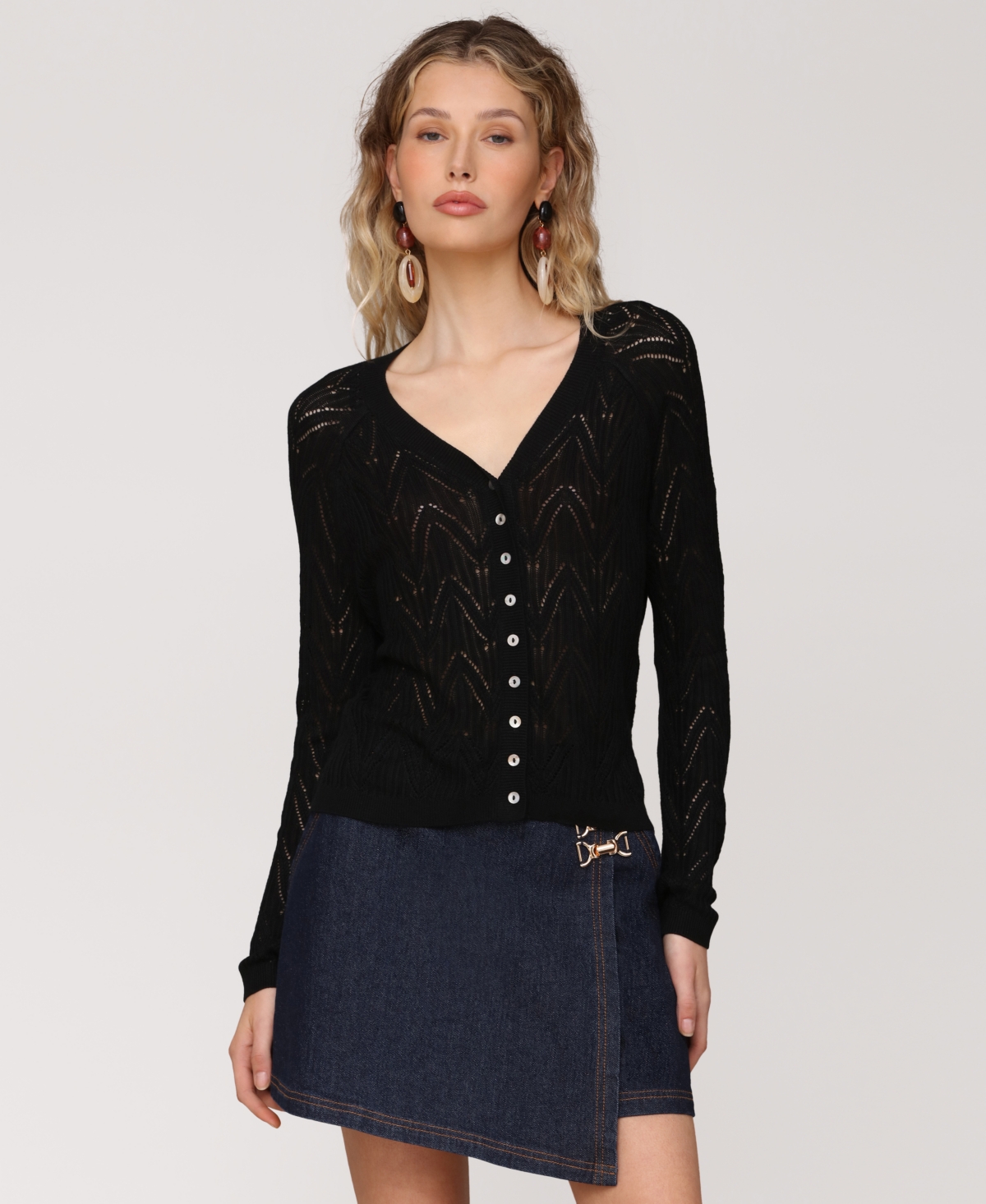 Women's Pointelle Knit V-Neck Cardigan - Black