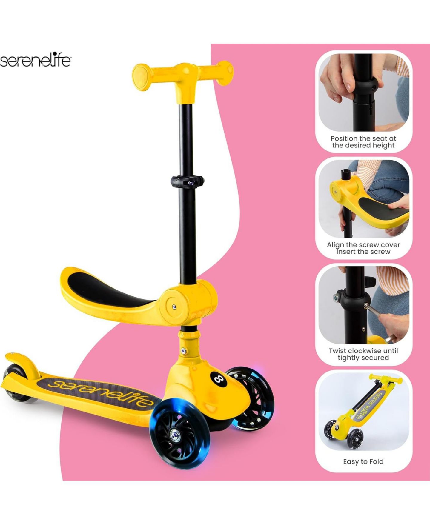 Детская игрушка SereneLife 3-Wheel Foldable Kids Scooter with Built-in LED Wheel Lights and Foldable Seat, 110 lb Weight Capacity, Ages 2+, цвет: Жёлтый — фото 6