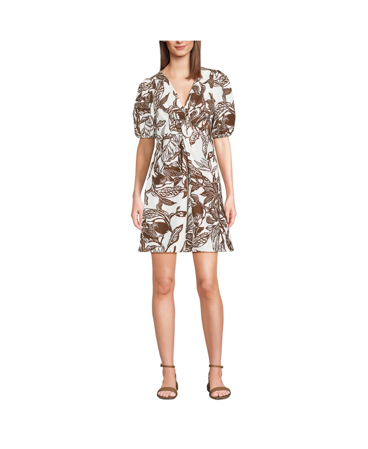 Women's Linen Above the Knee Puff Sleeve Dress - Vanilla/bark etched leaves