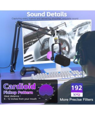 USB Gaming Microphone PC Mic w/ RGB for Streaming, Podcast, Vocal Recording, ASMR, Noise Cancellation, Mute Button, Gain Knob, Desktop Arm