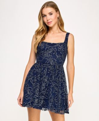 City Studios - Juniors' Embroidered Mesh Fit & Flare Dress