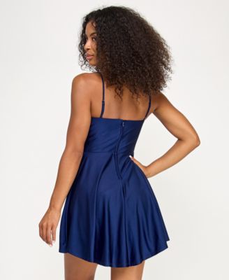 Juniors' Satin Sweetheart Rhinestone Trim Neckline Fit & Flare Dress