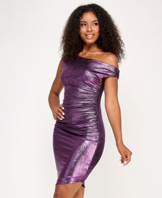 Juniors' One-Shoulder Foil Bodycon Dress
