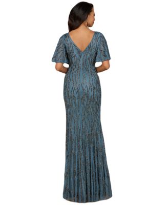 Beaded Gown with Flutter Sleeves