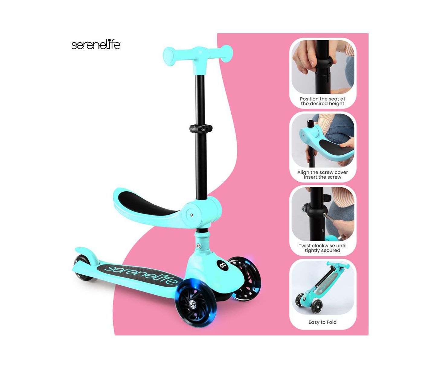 Детская игрушка SereneLife 3-Wheel Kids Scooter with LED Wheel Lights, Foldable, Ages 2+, цвет: Синий — фото 6