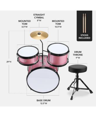 Kids Beginner 3-Piece Drum, Musical Instrument Set w/ Sticks, Cushioned Stool, Drum Pedal