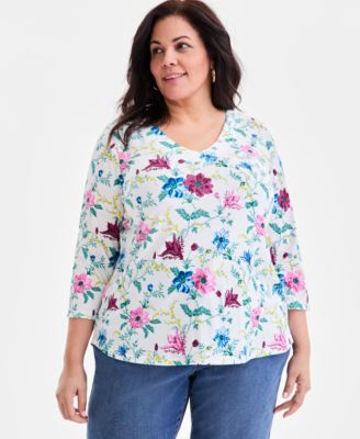 Plus Size Printed V-Neck 3/4-Sleeve Top, Macy's Exclusive