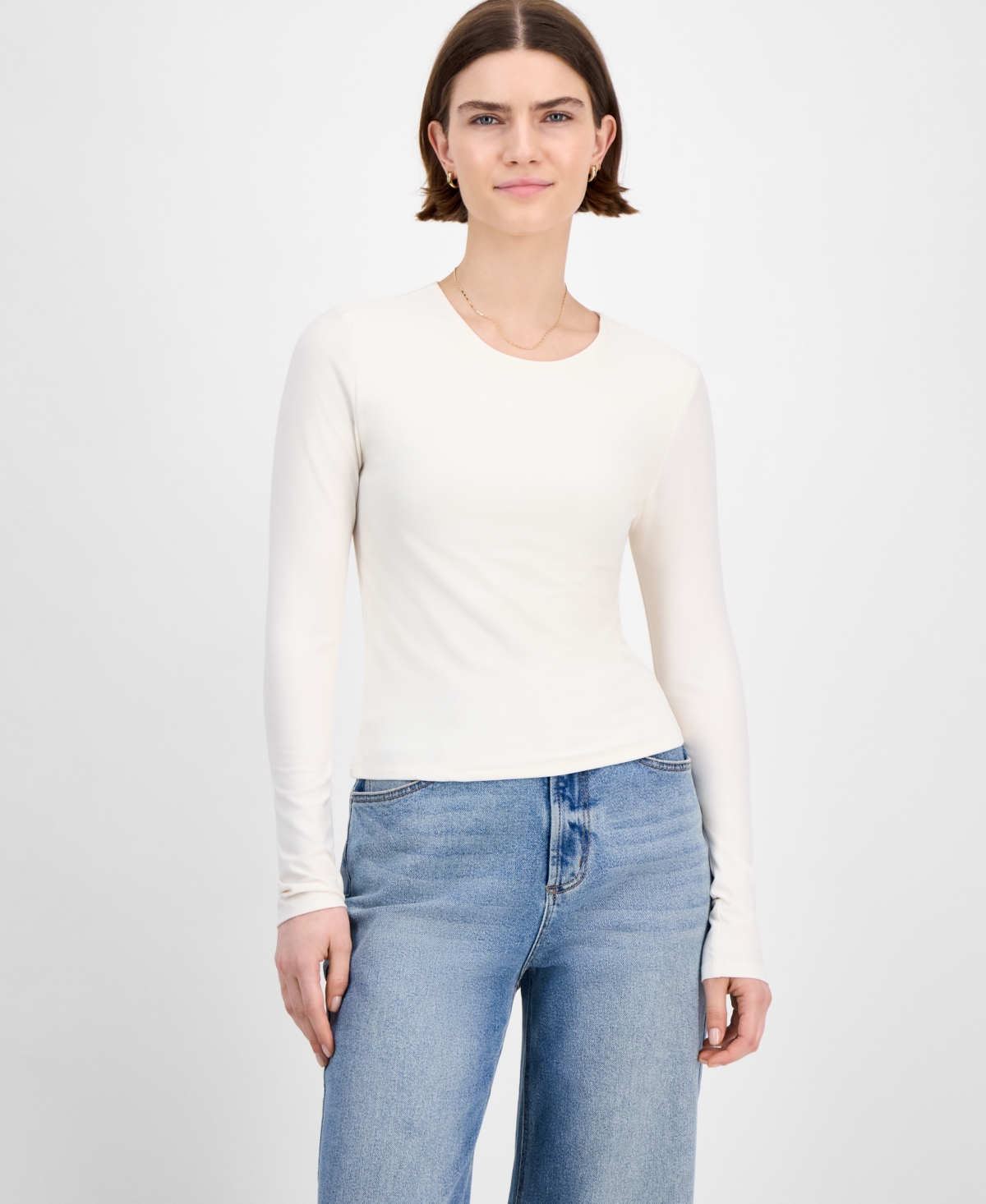 Hippie Rose Juniors' Crewneck Long-sleeve Top In White
