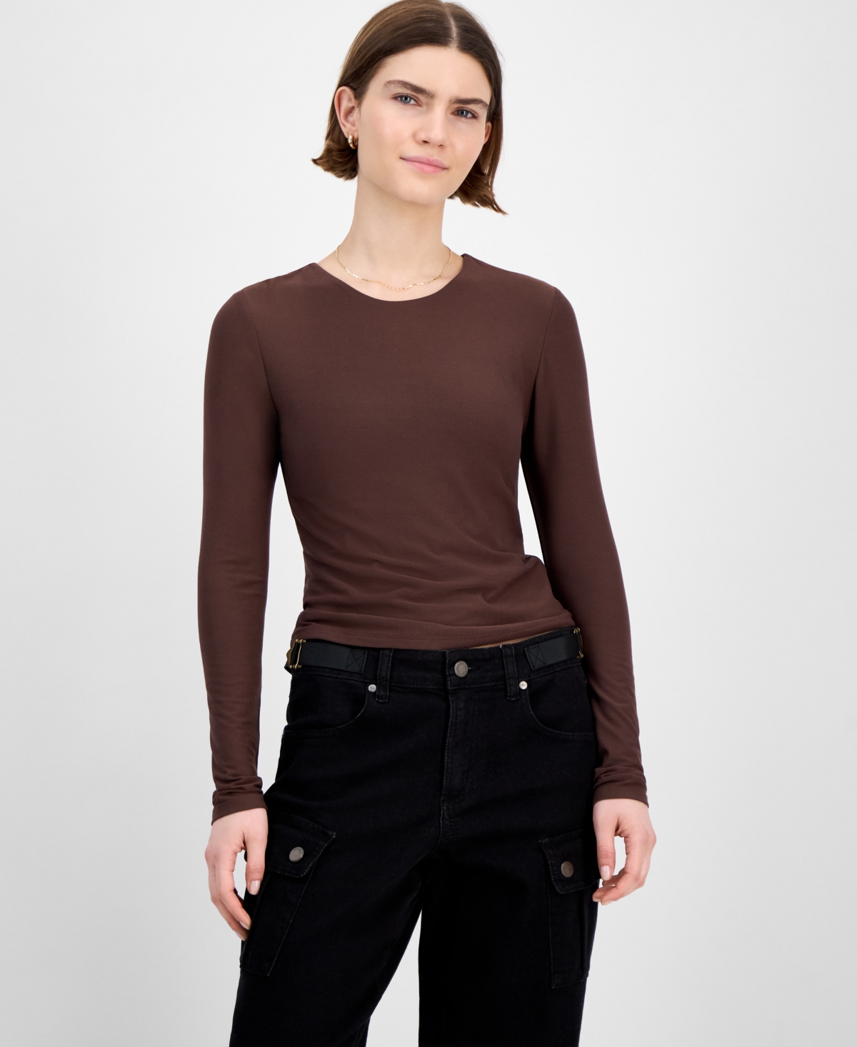 Hippie Rose Juniors' Crewneck Long-sleeve Top In Brown