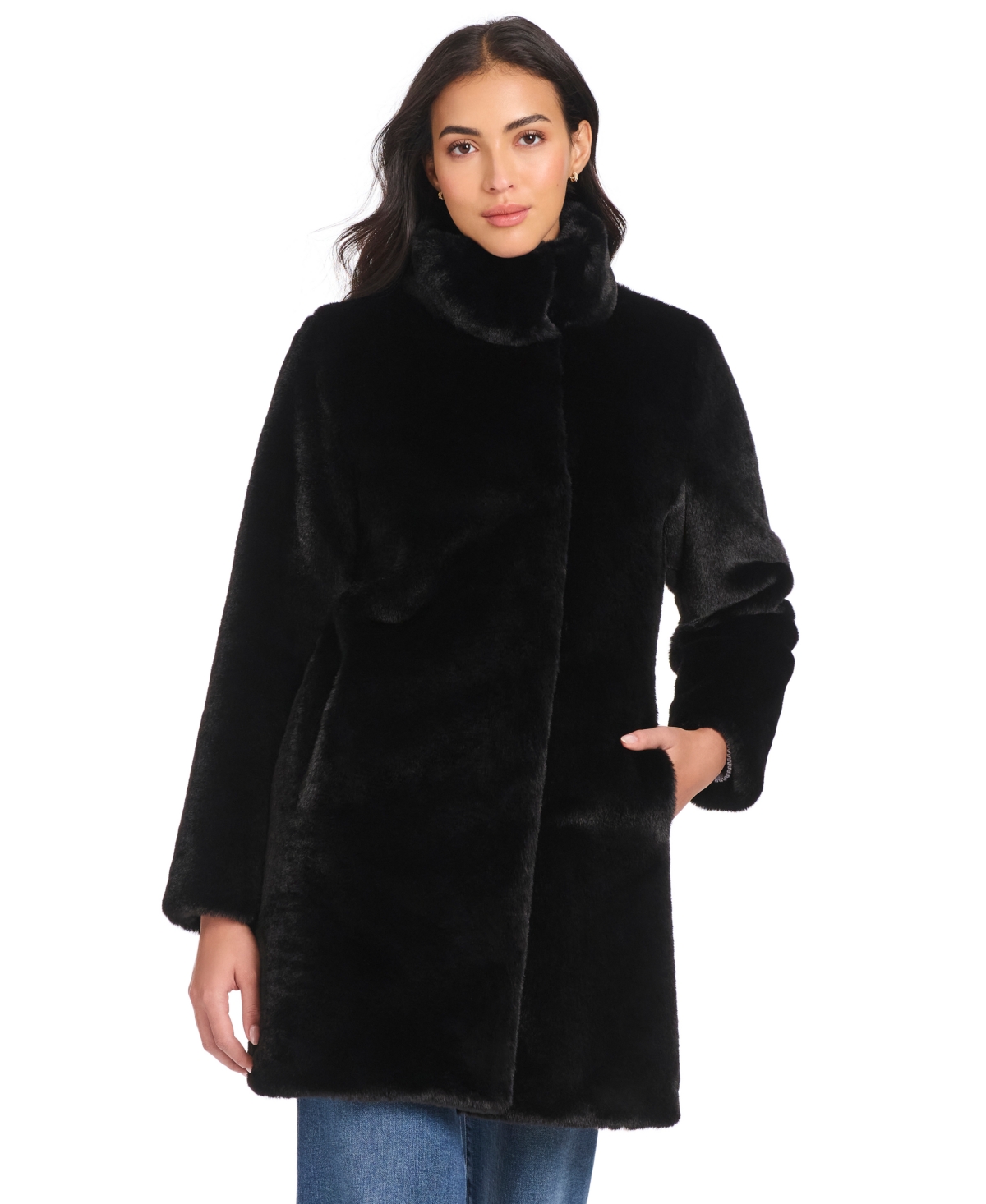 Jones New York Plus Size Stand-collar Faux-fur Coat In Black