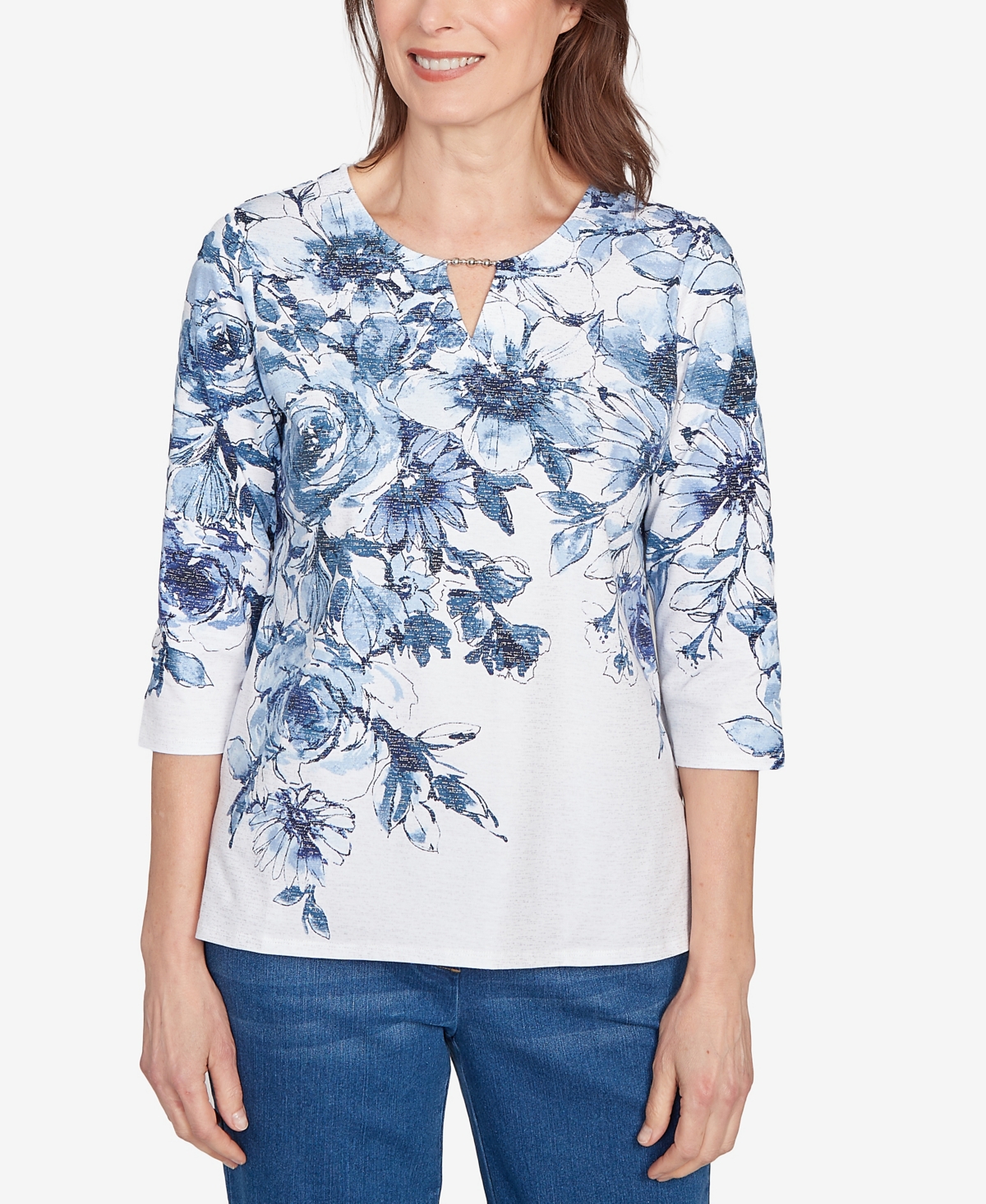 Women's Floral Split Beaded Top - Denim