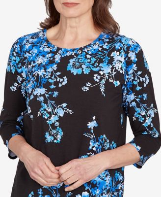 Women's Floral Asymmetric Three Quarter Sleeve Top