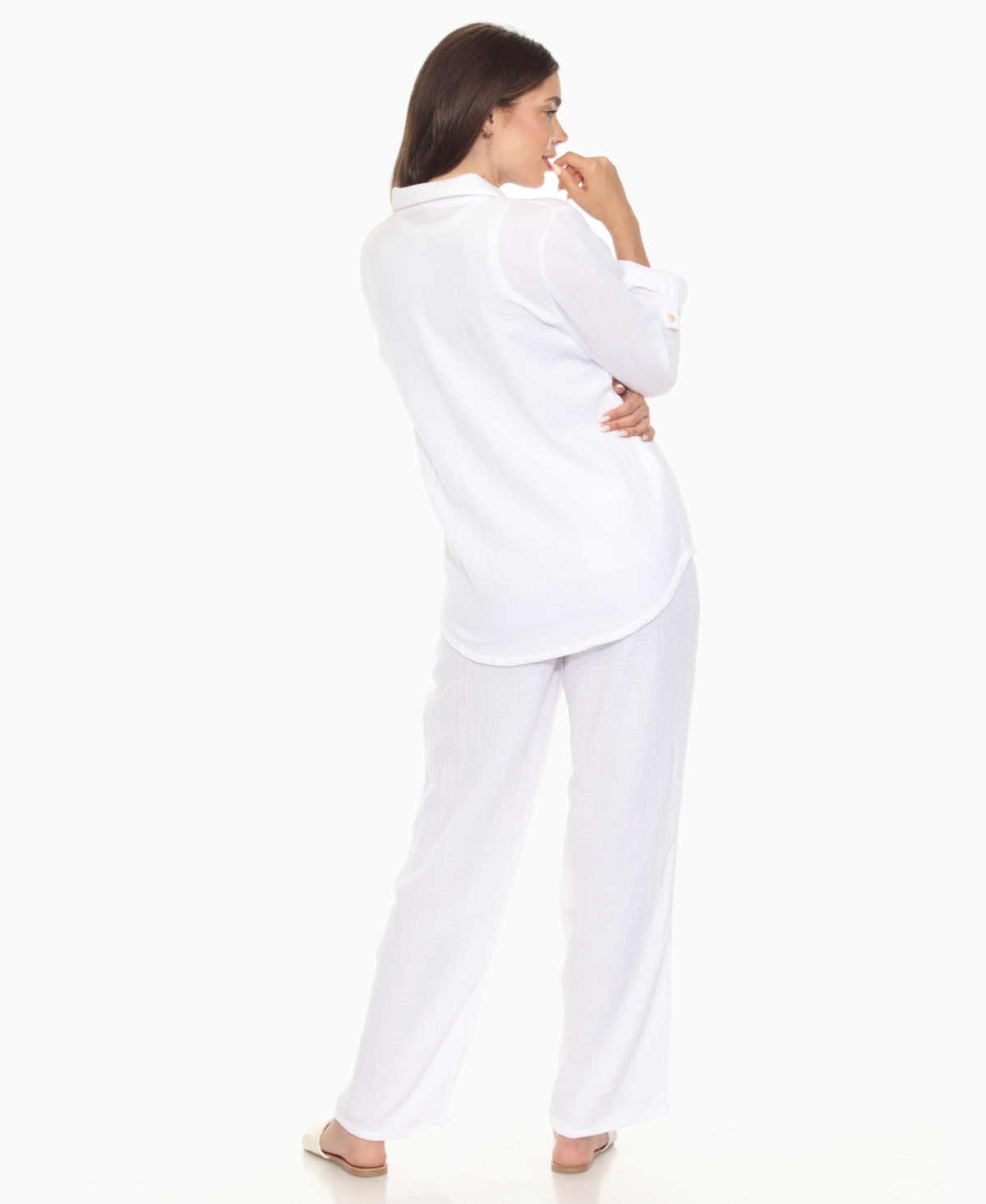 White Mark Women's Long Sleeve Button Down Cotton Gauze Set In White