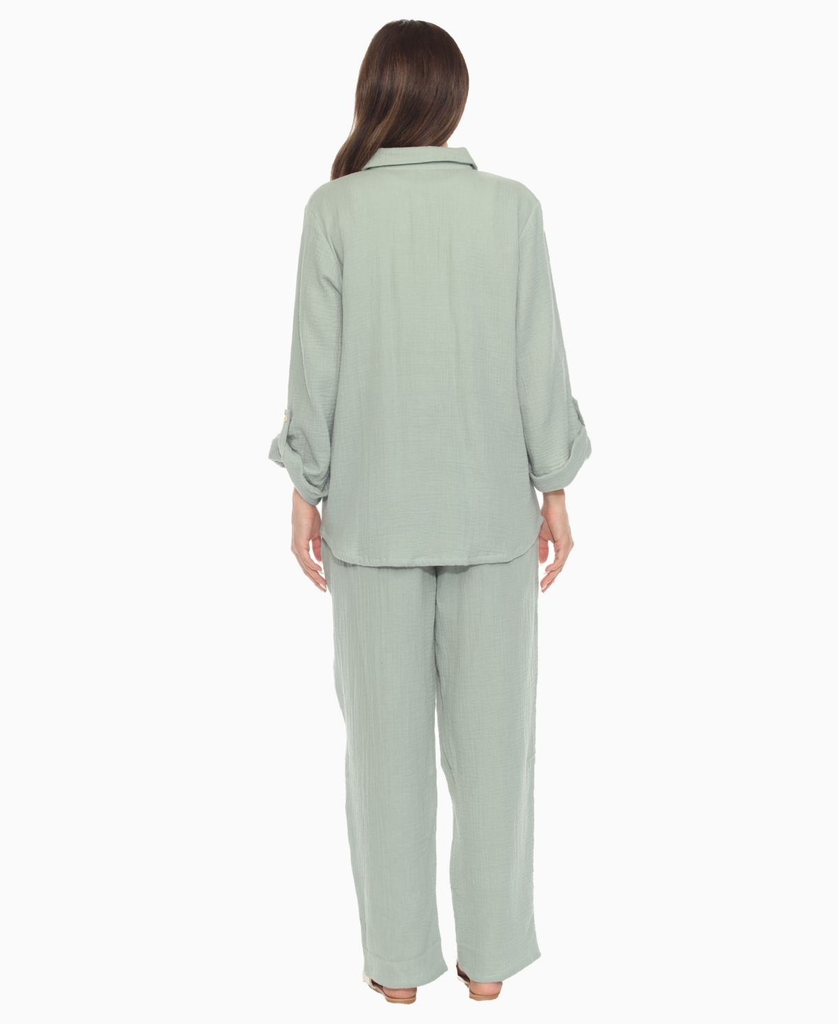 White Mark Women's Long Sleeve Button Down Cotton Gauze Set In Green