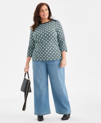 Plus Size Printed Knit 3/4-Sleeve Top, Macy's Exclusive
