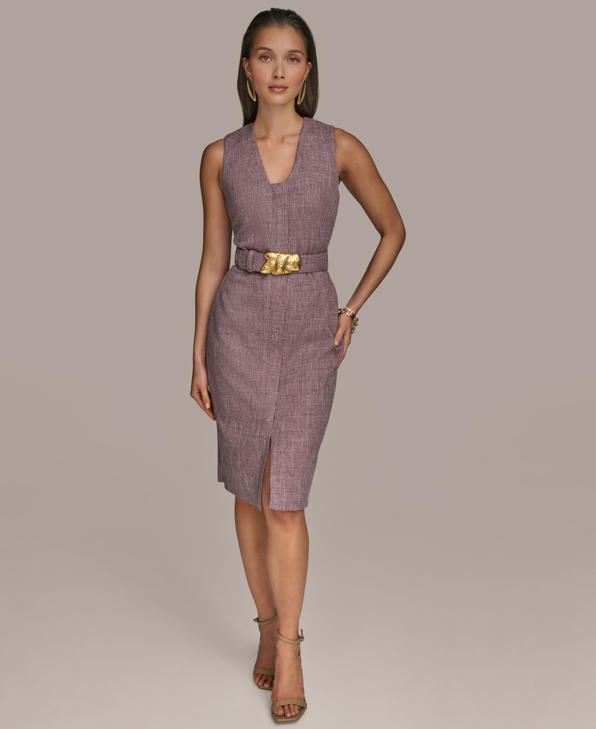 Women's Front-Zip Belted Sheath Dress - Prune