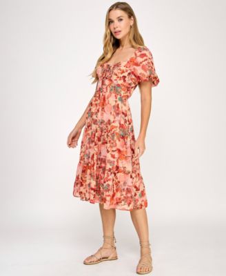 Juniors' Printed Lace-Up Front Midi Dress