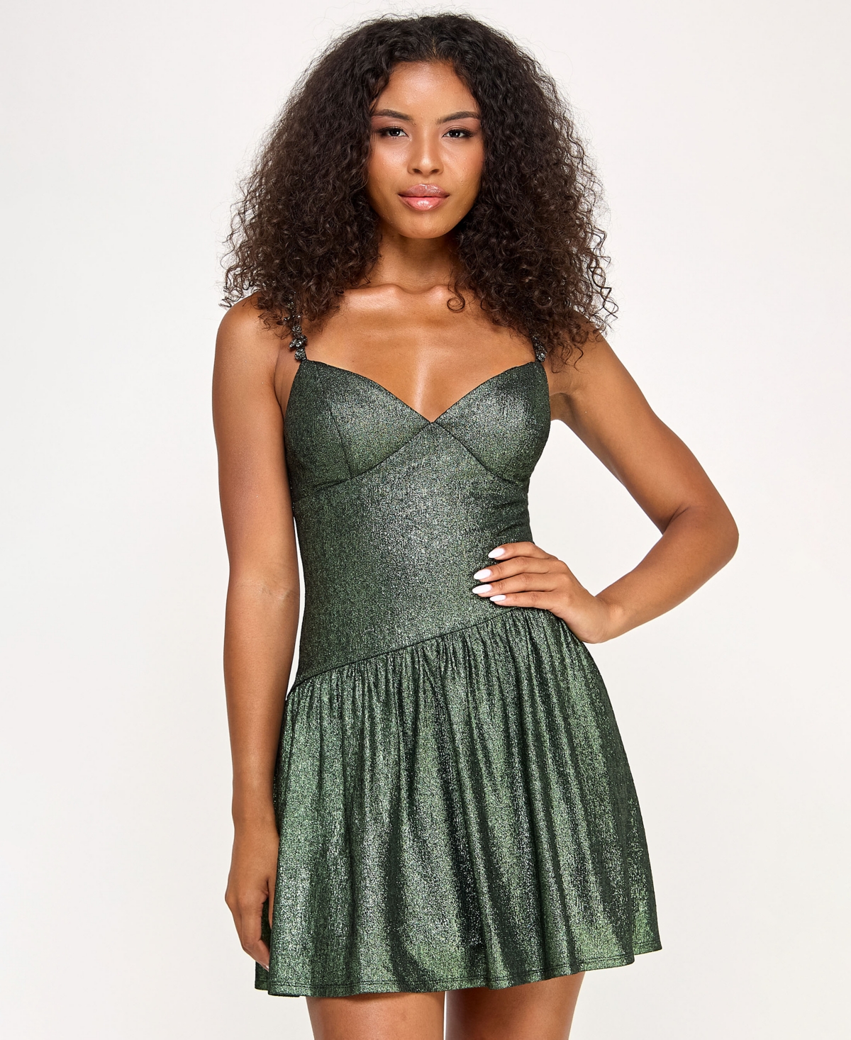 Juniors' Rhinestone-Strap Fit & Flare Dress - Moss
