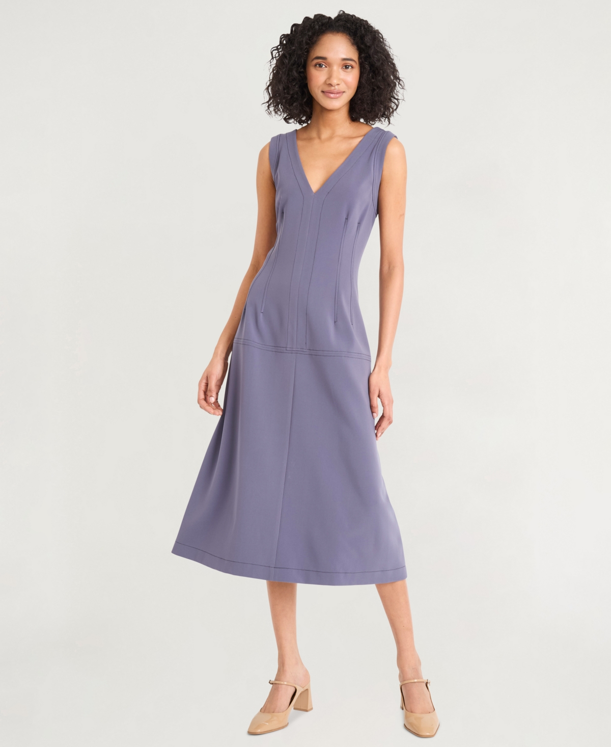 Women's Crepe V-Neck Sleeveless Midi Dress - Graystone