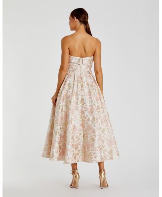 Women's Strapless Floral Brocade A Line Midi Dress