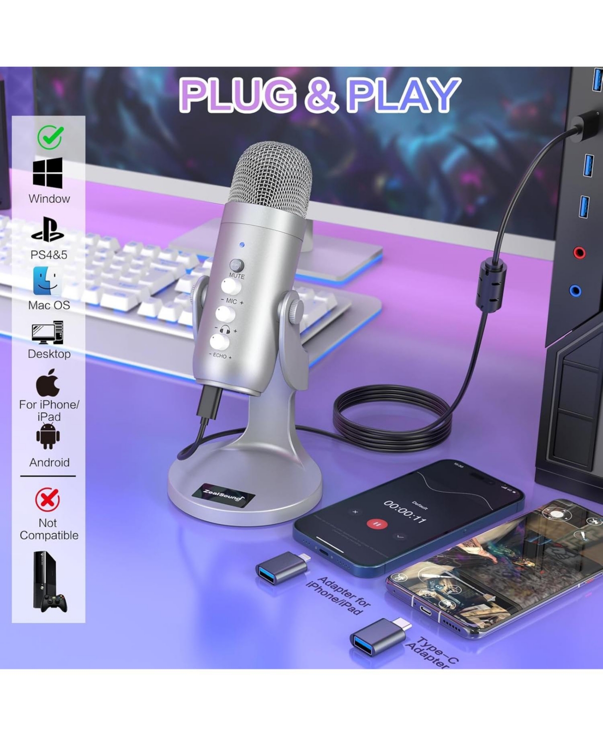 ZealSound Usb Microphone k66s Silver and Furry Windscreen d65k