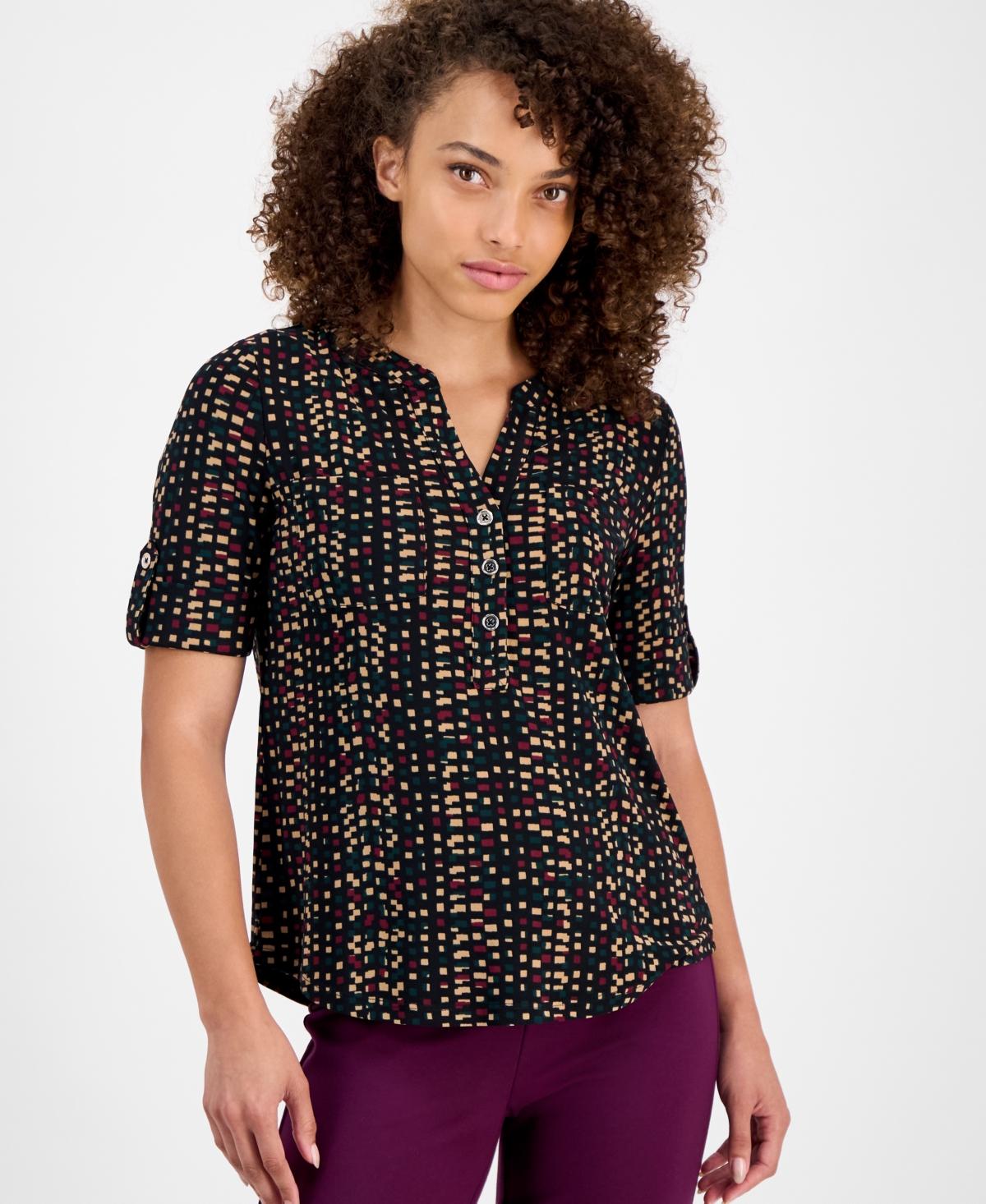 Ak Anne Klein Women's Printed Roll-tab Top