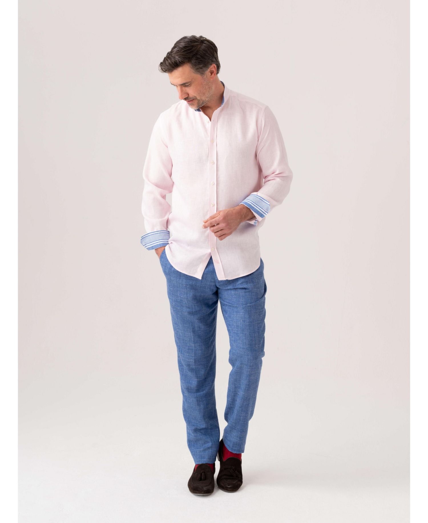 Men's Linen Band Collar Shirt
